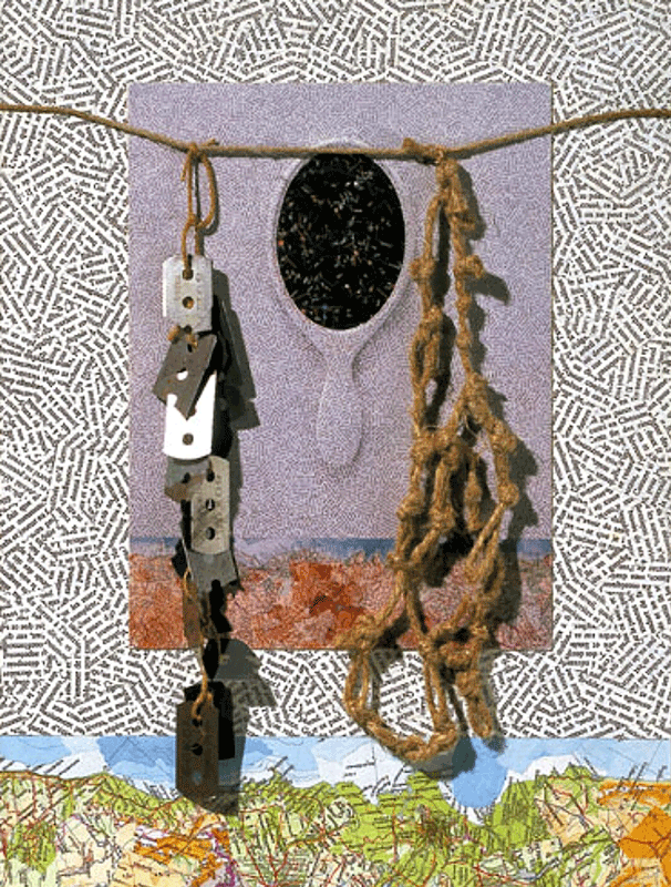 Collage: miroir, mots, lames de rasoir et corde